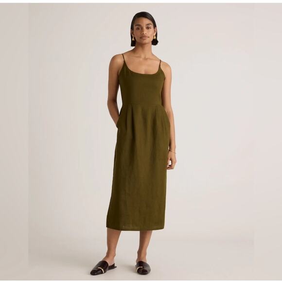 Quince 100% European LinenSpaghetti Strap Midi Dress - Olive Green, Small - Picture 1 of 10